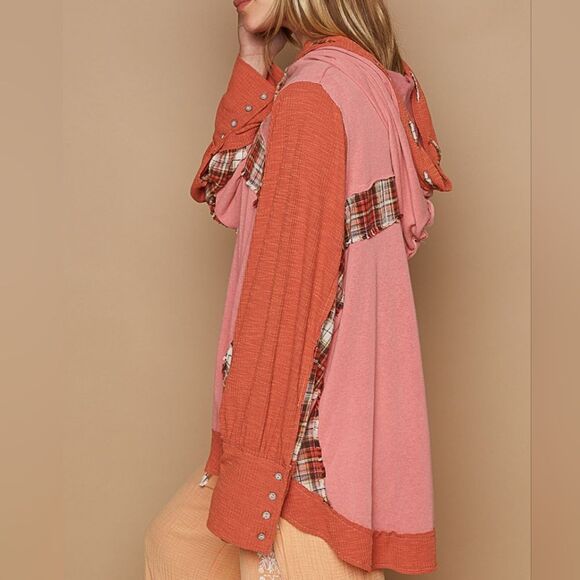 POL USA Oversized Drawstring Long Sleeve Hoodie Plaid Detail Button Sleeve sz La - Picture 5 of 7